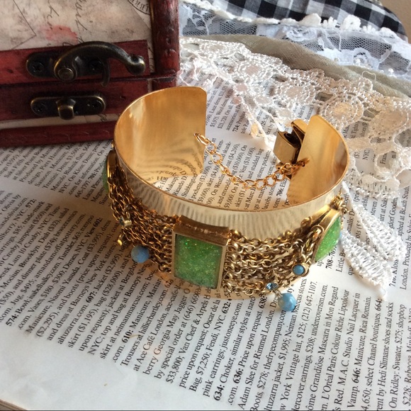 🌸 GYPSY TRIBAL GOLD OPAL CUFF BRACELET BOHO CHIC BOHEMIAN GEM GEMSTONE CHAIN - Picture 2 of 7