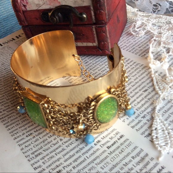 🌸 GYPSY TRIBAL GOLD OPAL CUFF BRACELET BOHO CHIC BOHEMIAN GEM GEMSTONE CHAIN - Picture 4 of 7