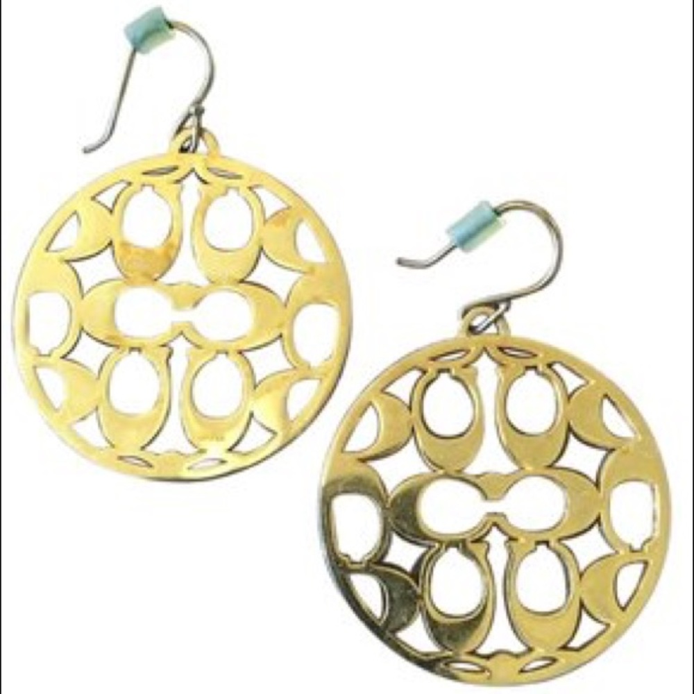 Coach Gold Tone Logo Disc Earrings