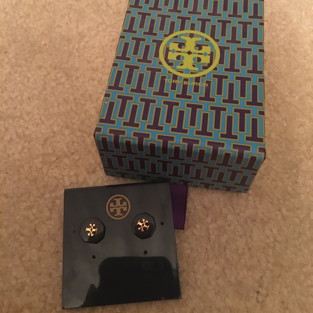 Tory Butch Navy Enamel T Cross Earrings