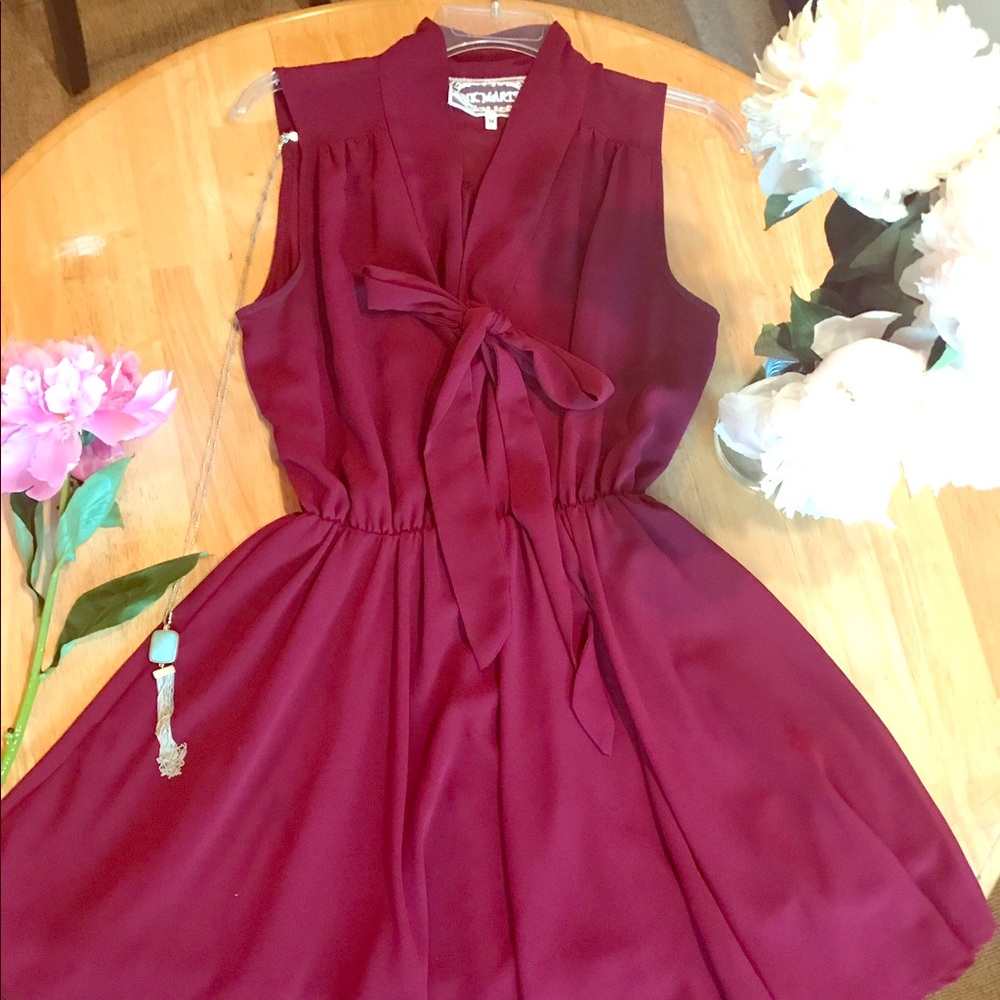 Wine Flare Skirt Dress Sleeveless Tie Bow Detail