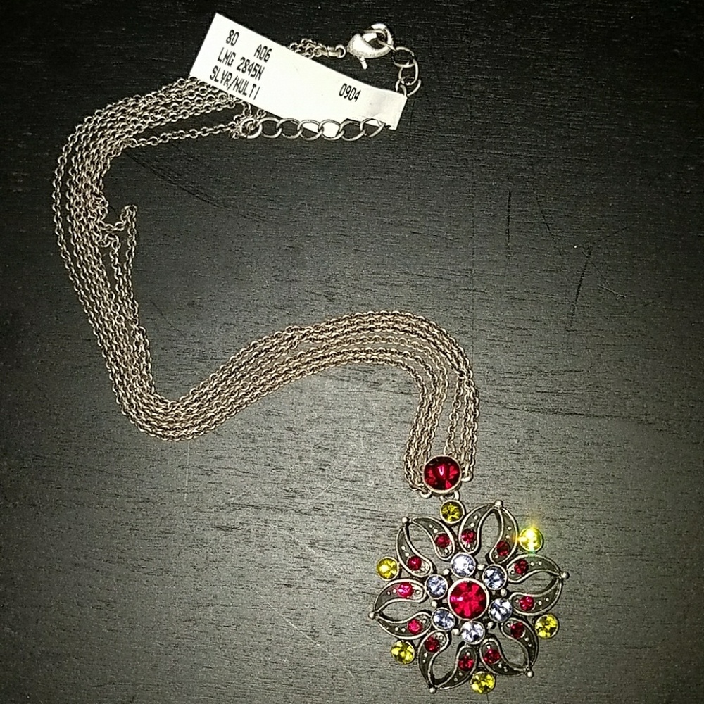 Brand NEW! Antique Silver Necklace with faceted Ruby and gemstones