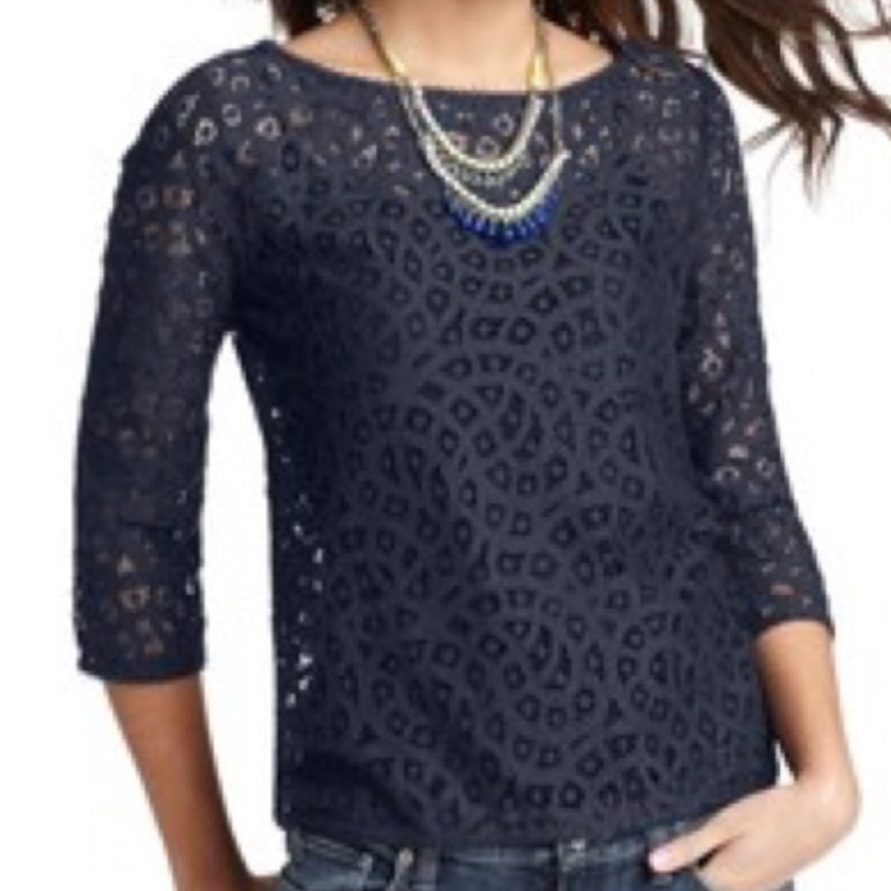 Loft Navy Lace Crochet 3/4 Length Sleeves Blouse