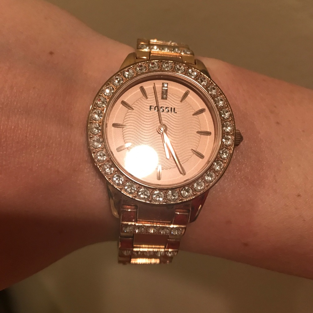 Rose Gold Fossil Watch with Rhinestone Accents