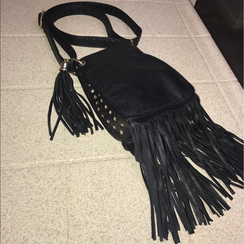 Charming Charlie Black studded fringe satchel