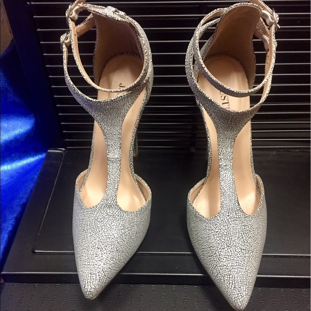 SOLD JUST-FAB T-Strap High Heel Stone Faux Leather