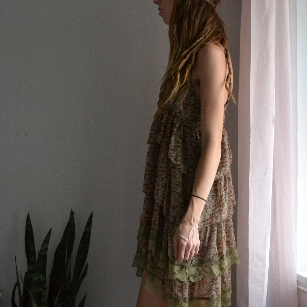 SOLD! Blue Bird Tiered Floral Dress with Plunge - Picture 2 of 3