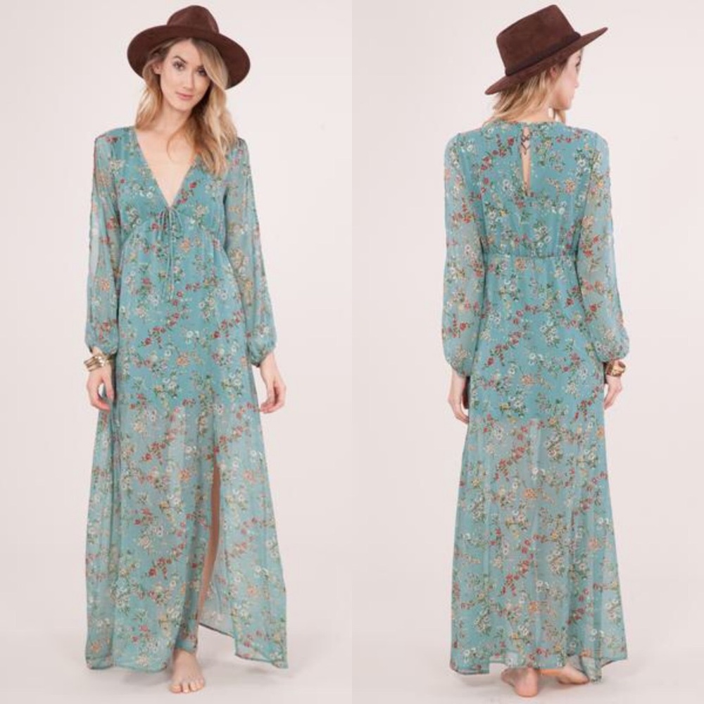 Sage Long Sleeve Floral Slit Maxi Dress - Picture 2 of 4