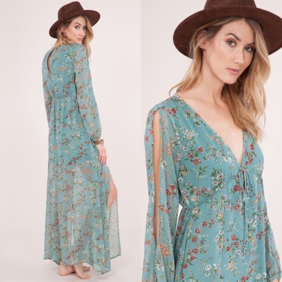 Sage Long Sleeve Floral Slit Maxi Dress - Picture 3 of 4