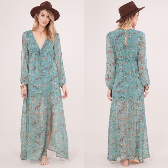 Sage Long Sleeve Floral Slit Maxi Dress - Picture 2 of 4