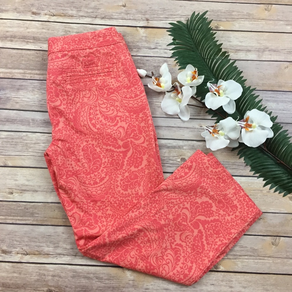 Express Editor Paisley Crop Flare Coral Pants 2 - Picture 2 of 6