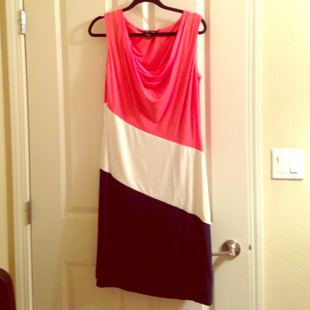 Pink/salmon cream and blue stripped dress.