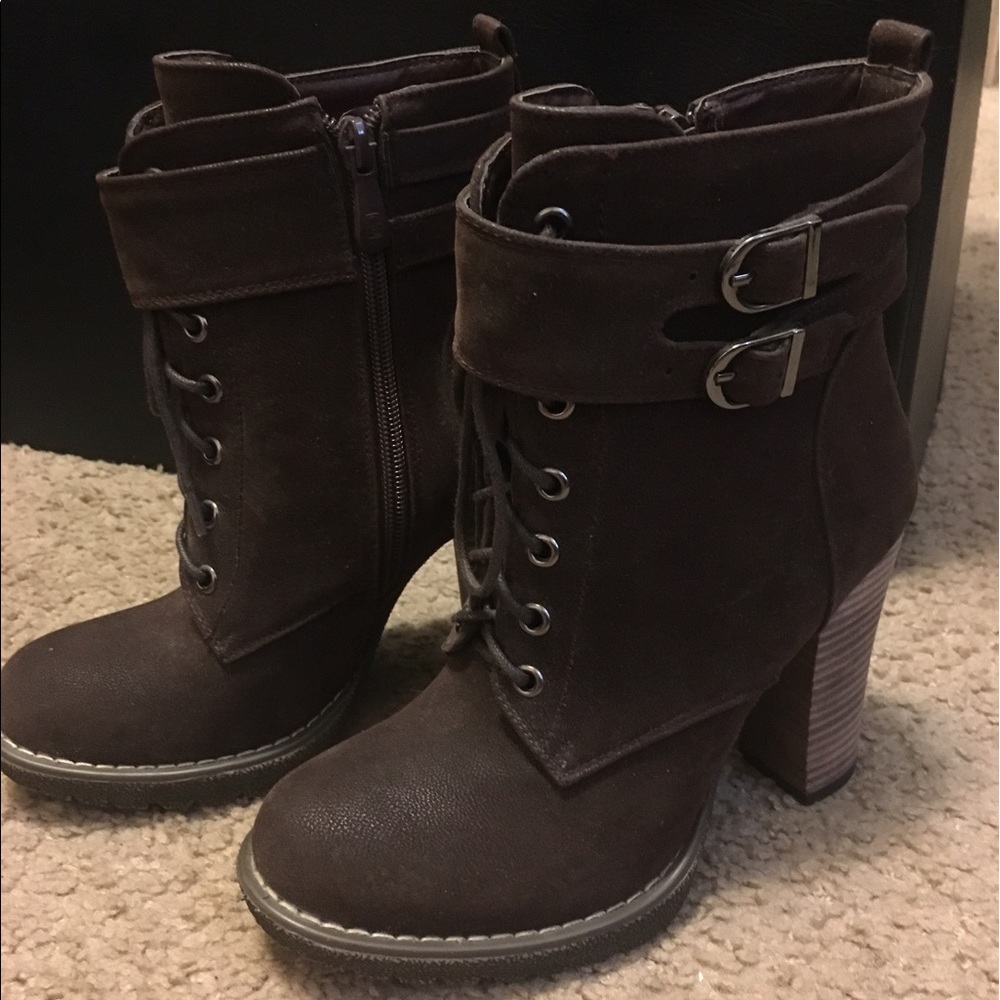 Dark brown chunky heel lace up ankle boots