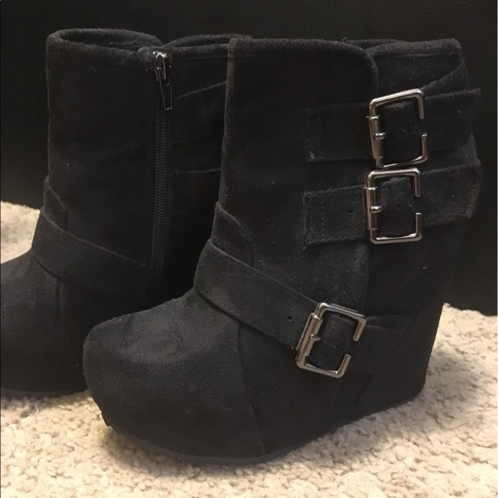 Faux suede buckle detail platform wedge booties