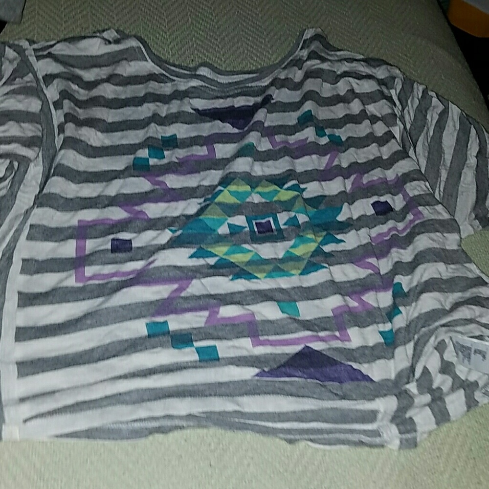 White and grey stripped tshirt with tribal design