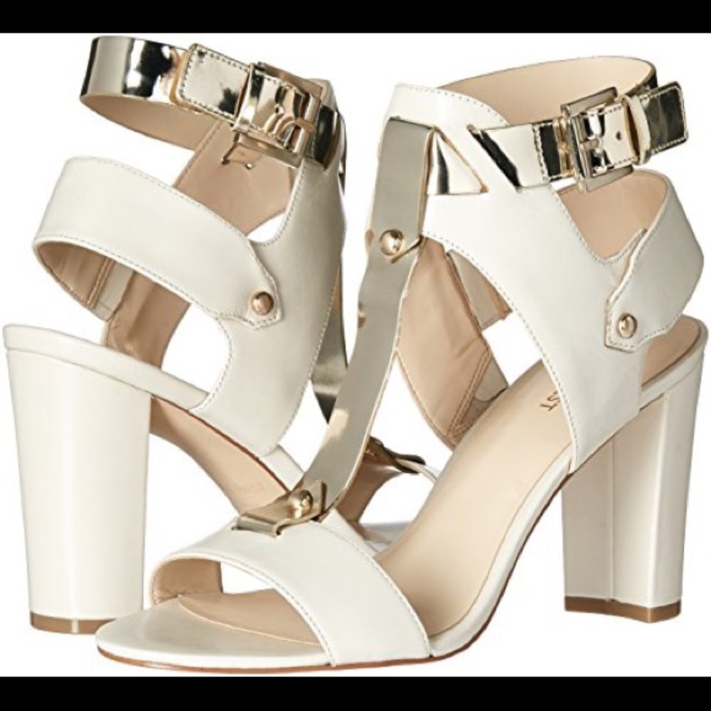 Cream and Gold Nine West Strappy Chunky Heels
