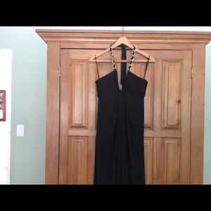 BCBG Black Evening Gown Gold Chain Halter Neckline
