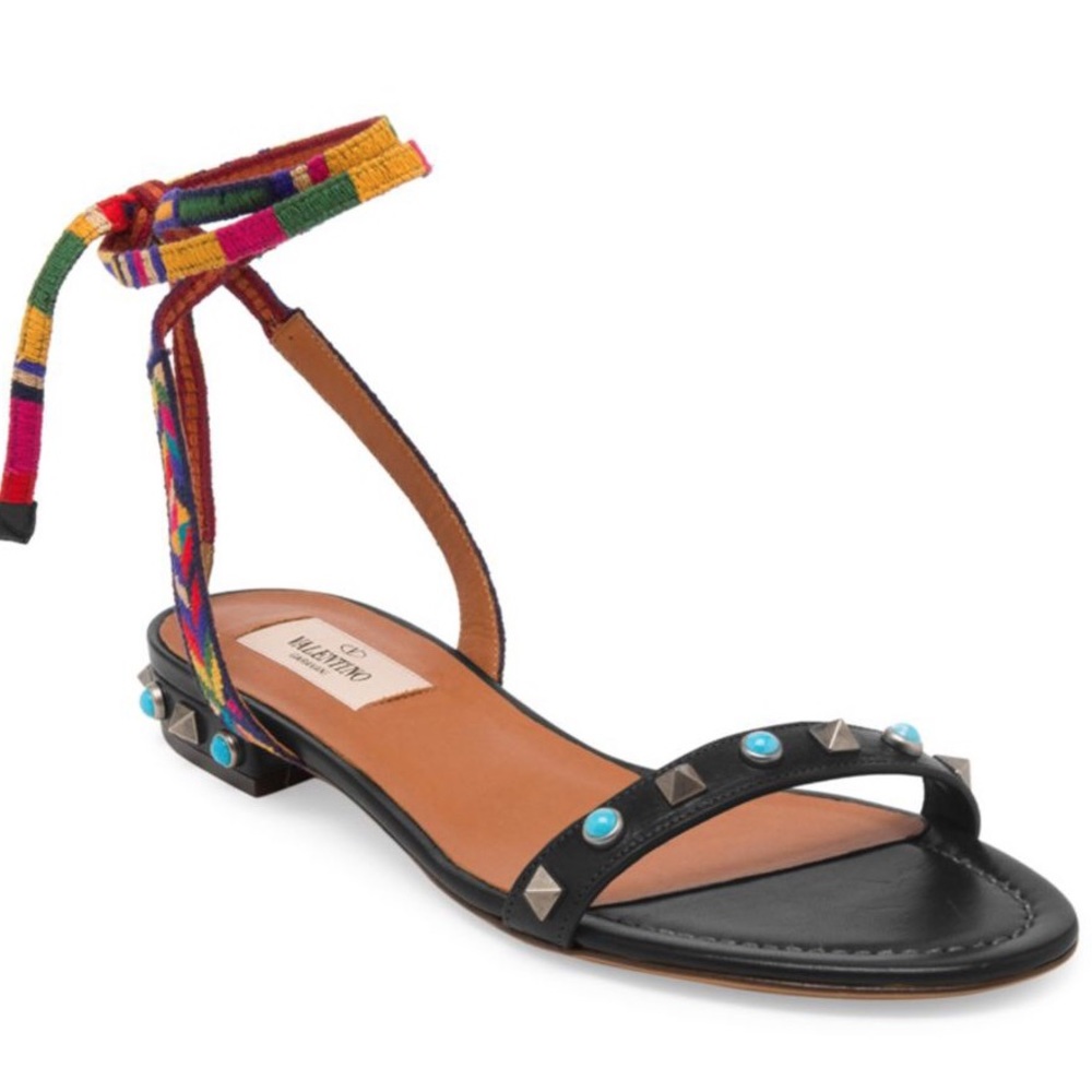 Valentino- RockRolling Leather Ankle-Wrap Sandal
