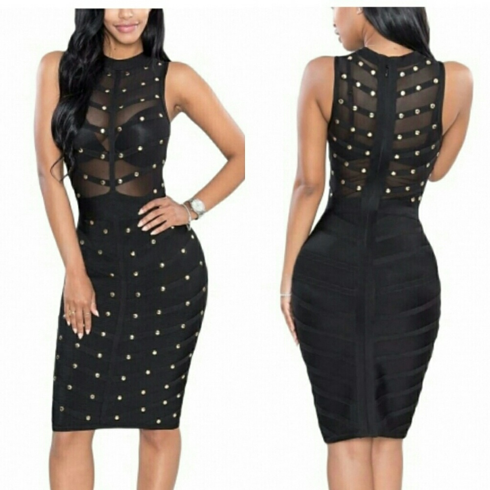 Studded mesh bodycon dress