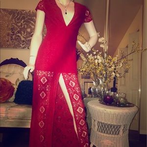 Red deep neck maxi dress