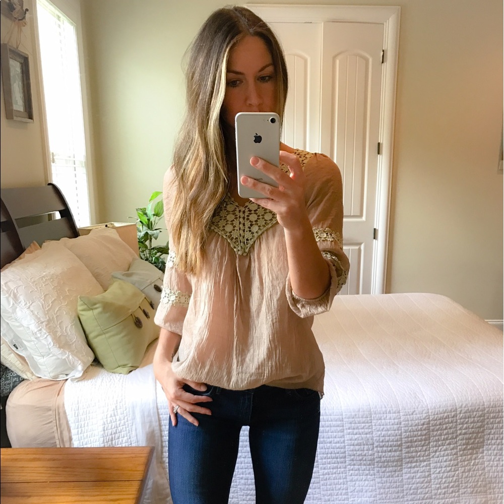 Taupe Blouse with Crochet Detail