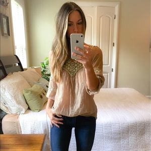 Taupe Blouse with Crochet Detail