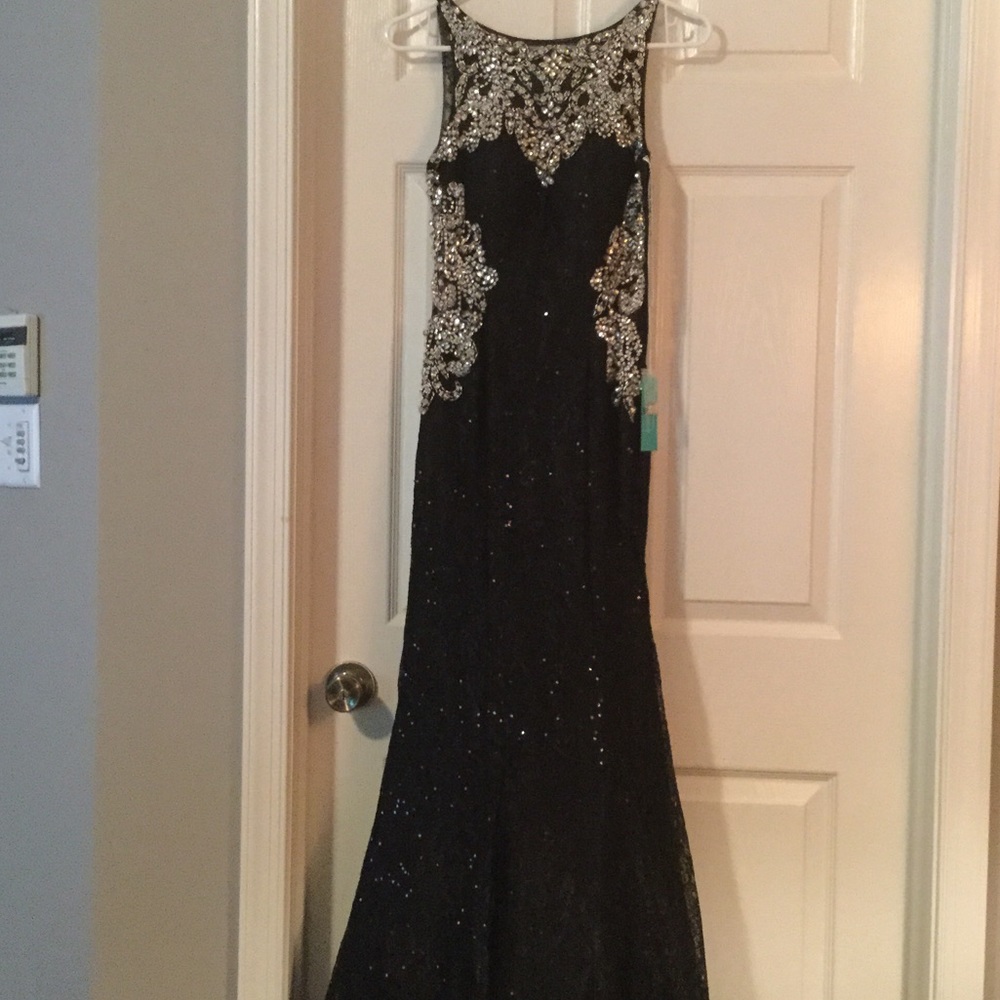 Black mermaid style dress with intricate beading