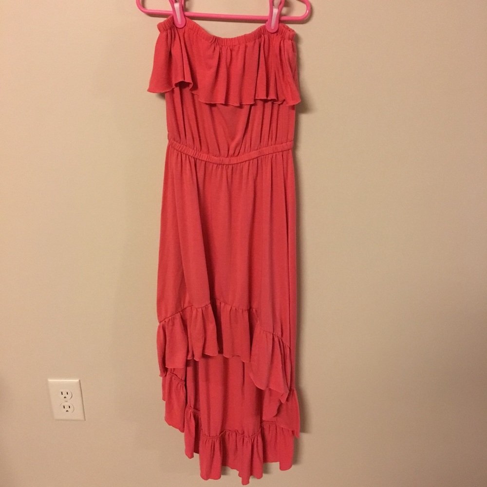 Strapless Coral High Low Maxi Dress