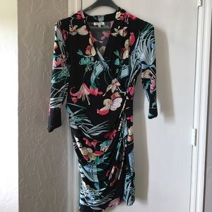 Tropical Print Faux Wrap Dress