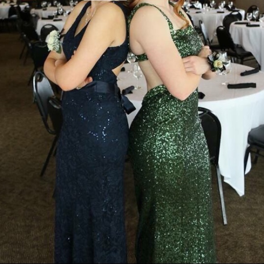 Navy Lace Scalloped Prom Dress