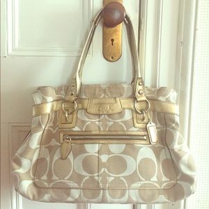 Authentic tan Coach purse with golden straps