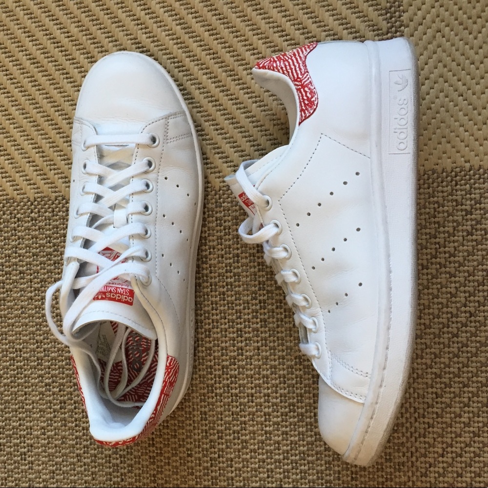 White Stan Smiths with Red Zebra trim