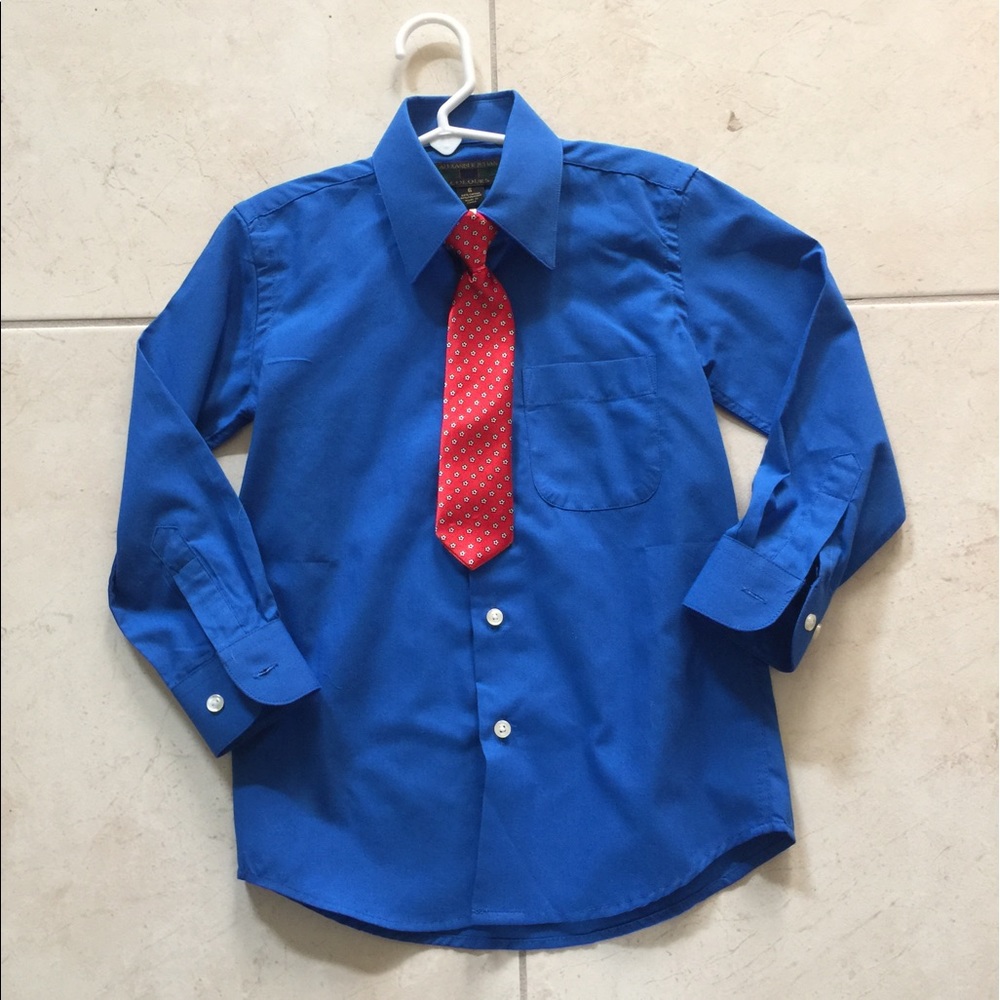 Blue boys dress shirt... with red clip tie