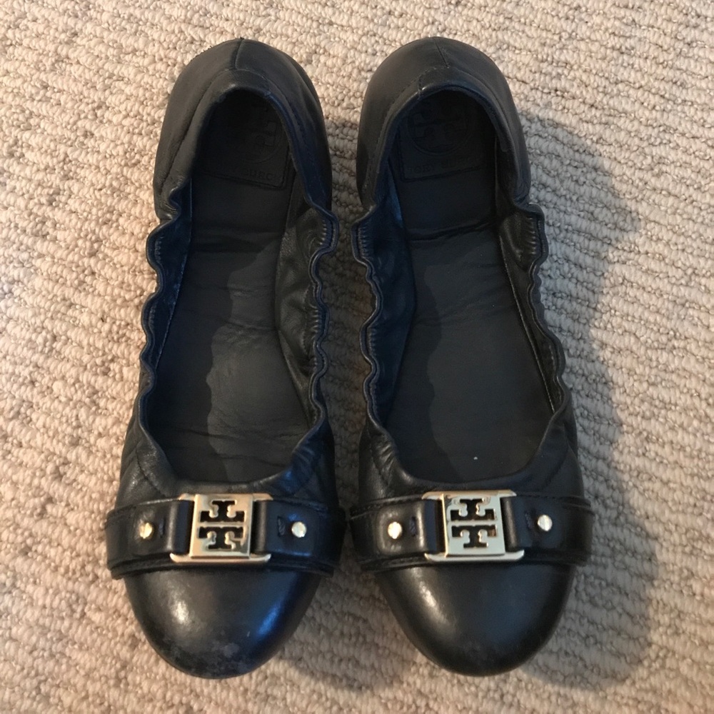 Navy Blue Tory Burch flats with gold hardware
