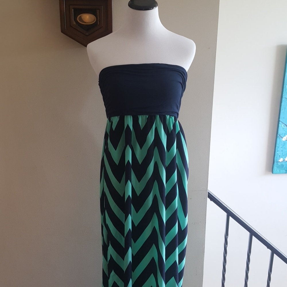 Navy Blue and Turquoise Chevron Print Maxi