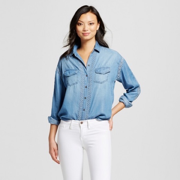 knox rose Tops - Chambray Button Down Top with Crochet Trim