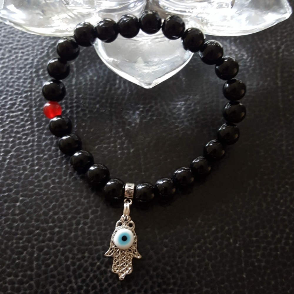 Boho jade onyx silver hansa evil eye bracelet