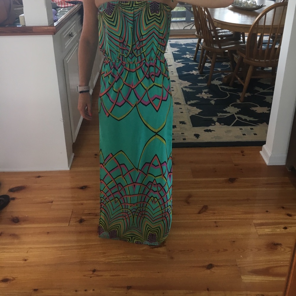 Teal patterned strapless Maxi dress