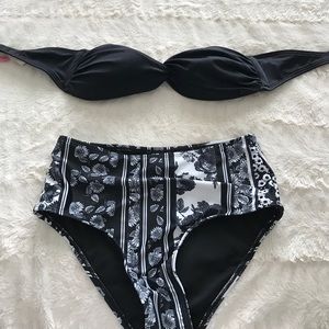 Black bandeau bikini w/ printed high waist bottoms