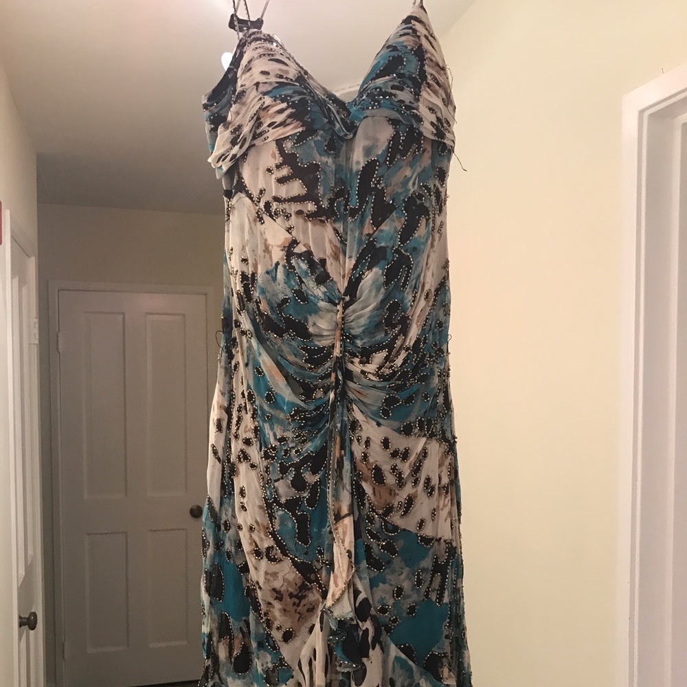 Beaded blue/green Cache cocktail dress-Mid length