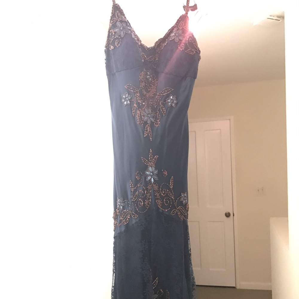 Midnight blue silk cocktail dress w gold beading