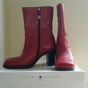 Tommy Hilfiger red leather boots with block heel