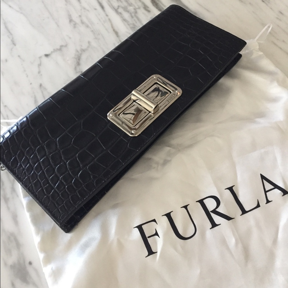 LIKE NEW Furla Black Crocodile Clutch or Chain Bag