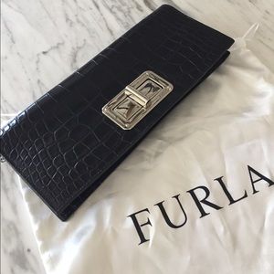 LIKE NEW Furla Black Crocodile Clutch or Chain Bag
