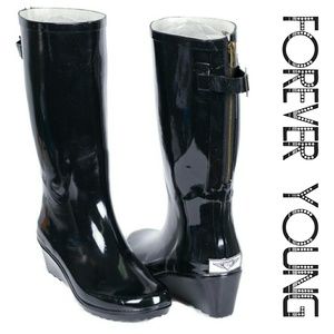 Women Tall Wedge Zipper Rain Boots, #1809, Black