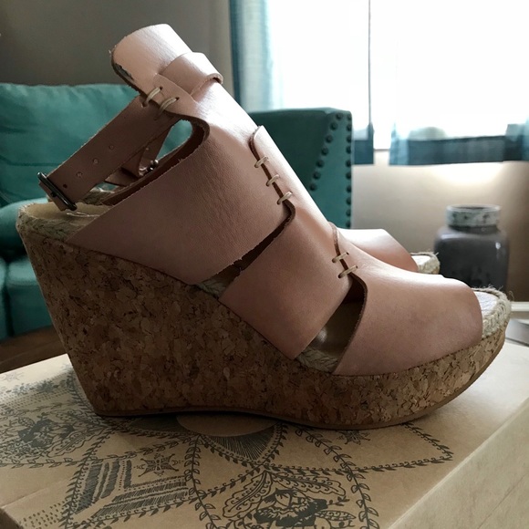 Sz 10 Free People Vachetta Rose Nude Leather Wedge Sandals 70s Eccentric - Picture 2 of 3