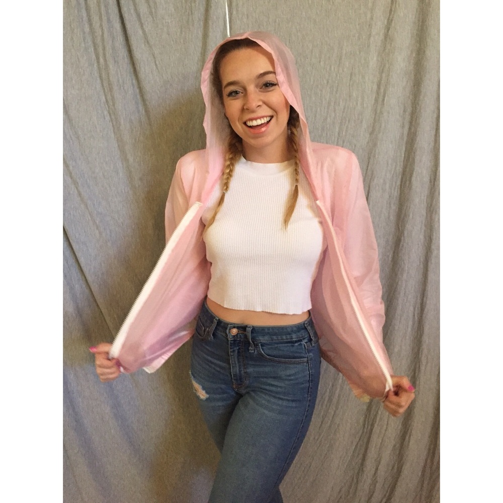 Transparent pink jacket with hood