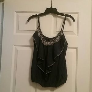 Navy blue flow top with tan embroidery