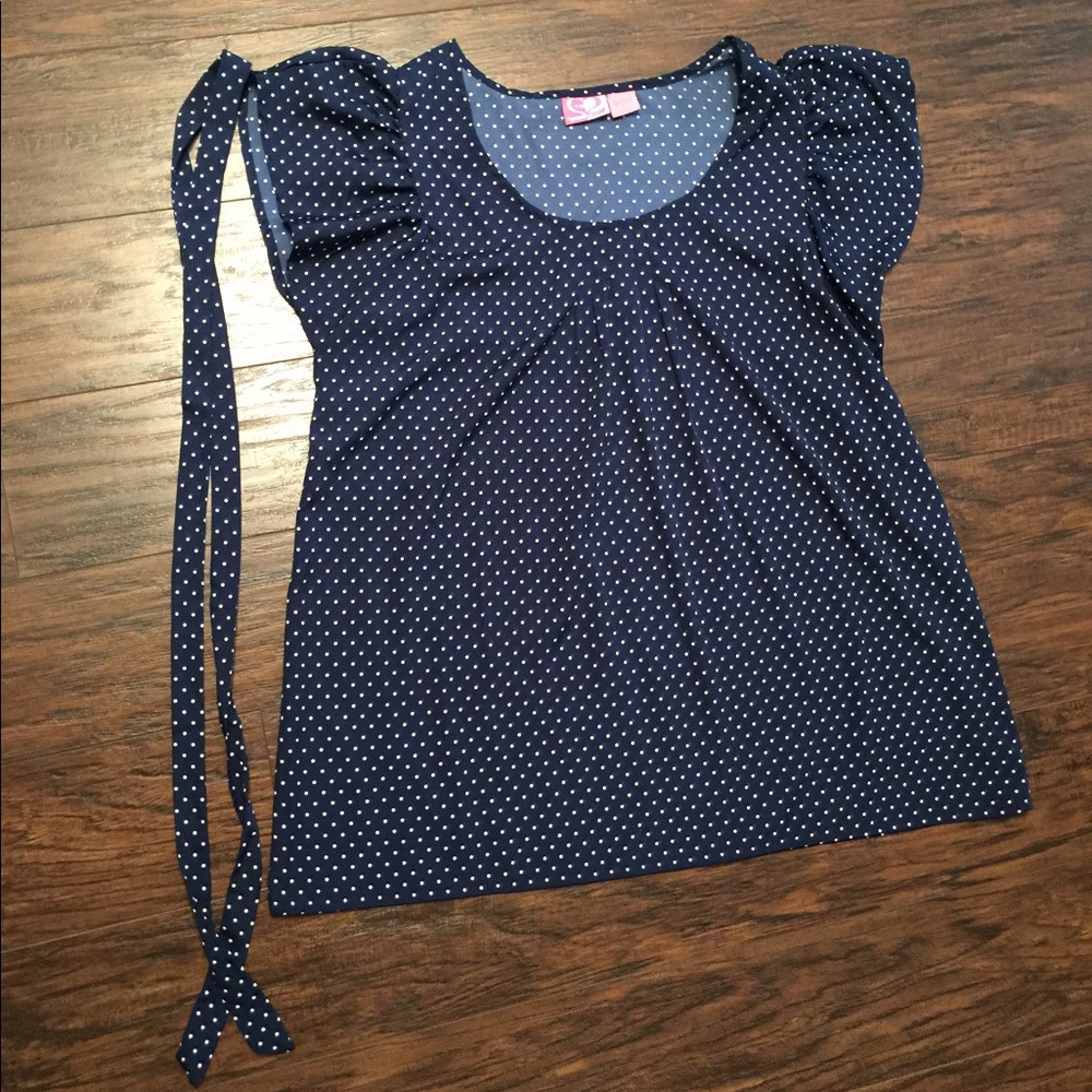 Navy Polka Dot Maternity Shirt EUC With Belt Sz L
