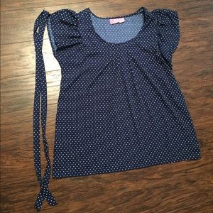 Navy Polka Dot Maternity Shirt EUC With Belt Sz L